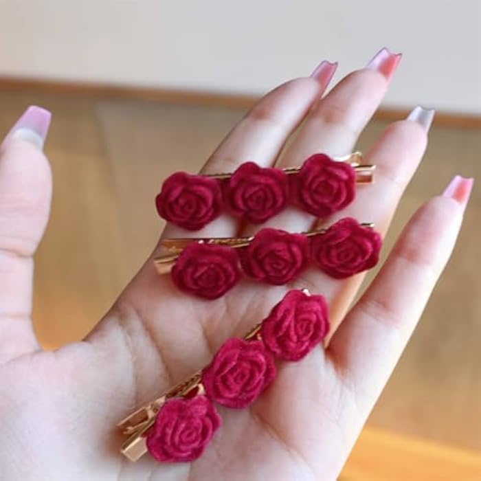 Small Red Flower Hair Clips 2 Pack – Vintage French Design for Girls - Image 2